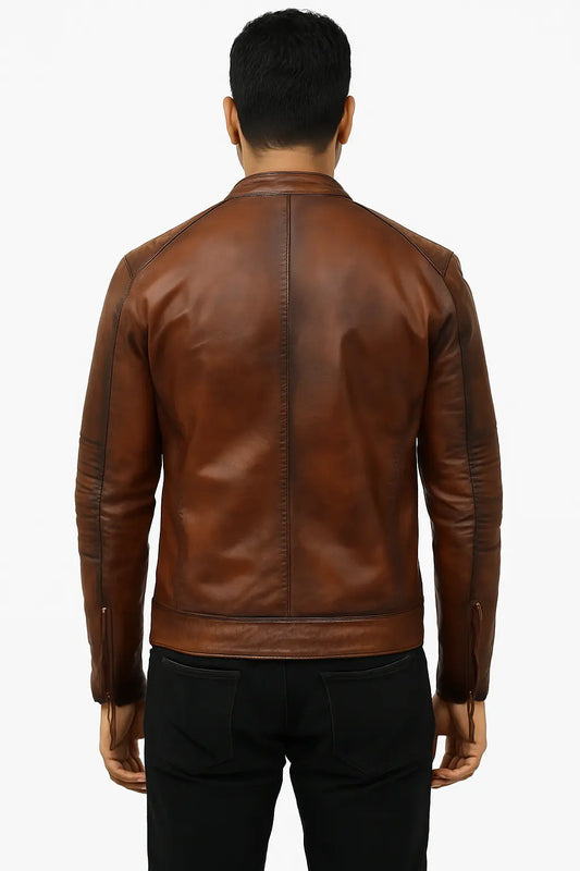 Men’s Vintage Brown Leather Biker Jacket with Quilted Shoulder Design Custom Leathers