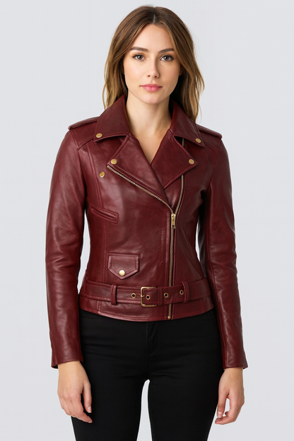 Women's Maroon Leather Biker Jacket with Asymmetrical Zipper and Waist Belt