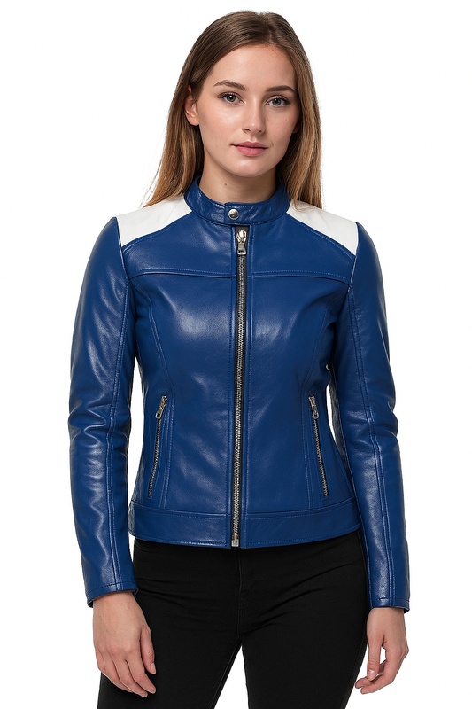 Bold Blue & White Leather Biker Jacket for Women