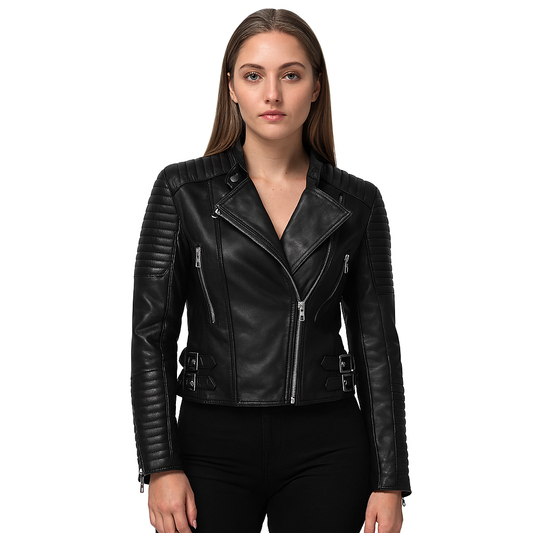 Women's Black Quilted Biker Leather Jacket with Stylish Buckle Detailing