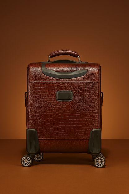 Deluxe Crocodile-Textured Brown Leather Trolley Bag