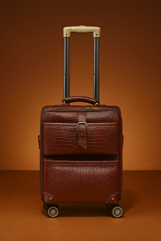 Deluxe Crocodile-Textured Brown Leather Trolley Bag