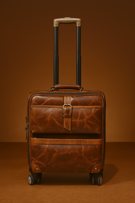 Classic Tan Leather Travel Trolley with Vintage Finish