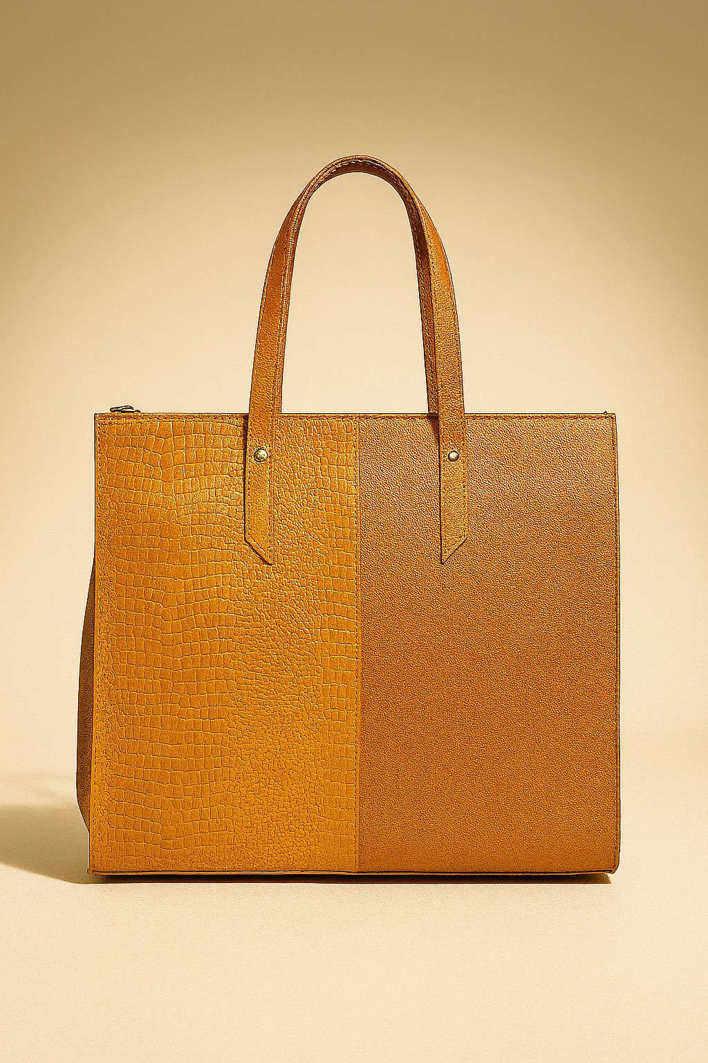 Two-Tone Mustard Brown Structured Tote – Chic & Spacious