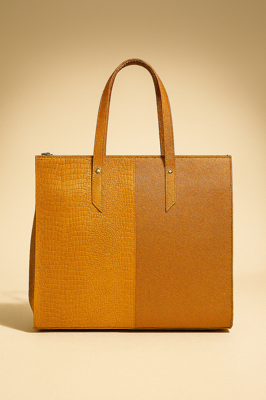 Two-Tone Mustard Brown Structured Tote – Chic & Spacious