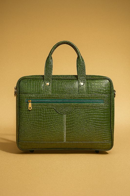 Elegant Croc-Embossed Green Leather Laptop Bag