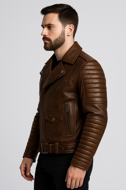 Men’s Distressed Brown Quilted Leather Biker Jacket – Vintage Rebel Style