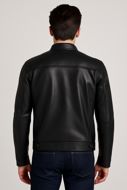 Classic Black Leather Biker Jacket for Men – Military Pocket Design