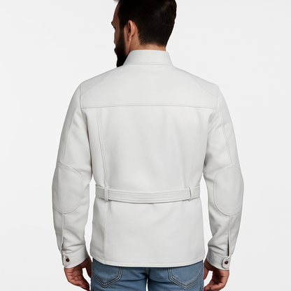 Men's White Leather Safari Belted Jacket – Military-Inspired Elegance