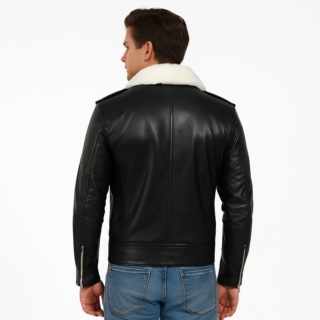 Men's Black Leather Aviator Jacket with White Fur Collar