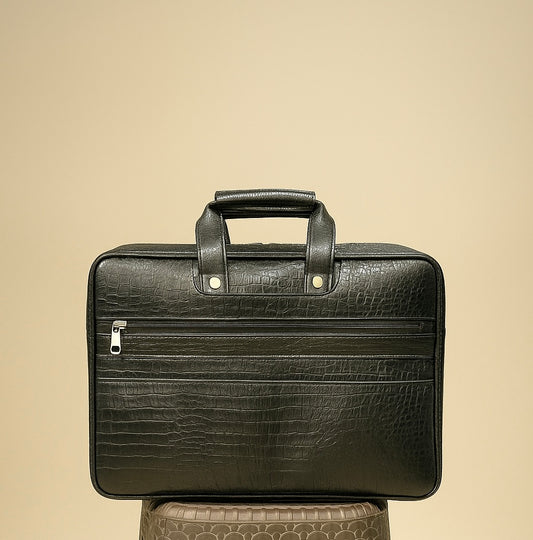 Black Croc Texture Leather Laptop Bag