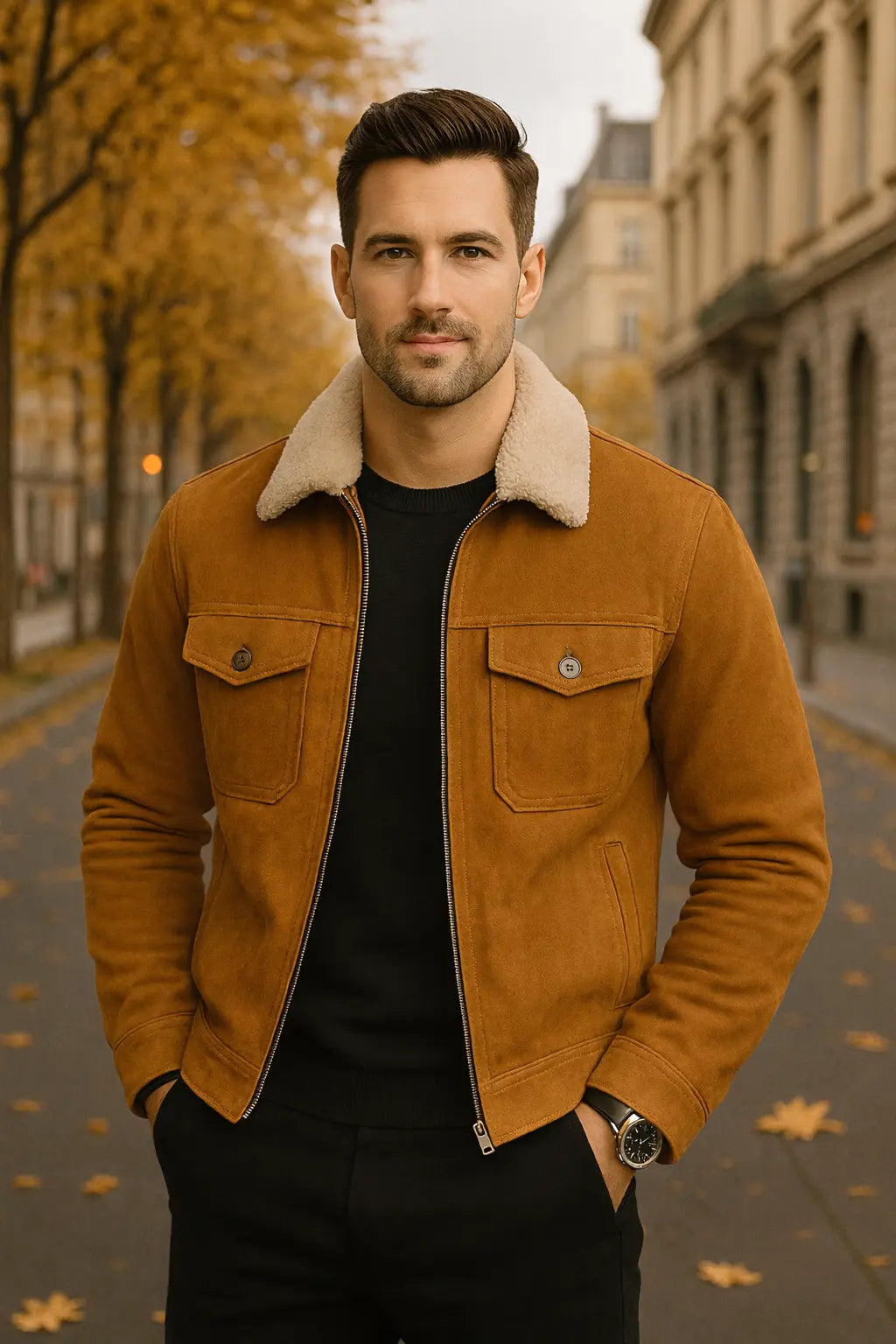 Men's Tan Suede Shearling Collar Jacket Custom Leathers