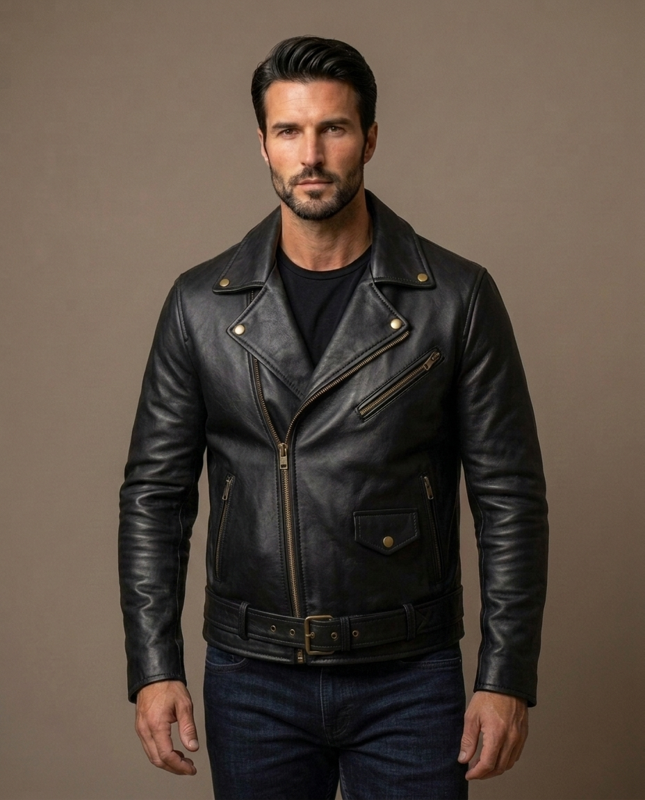 Men's Brown Leather Biker Jacket with Belt