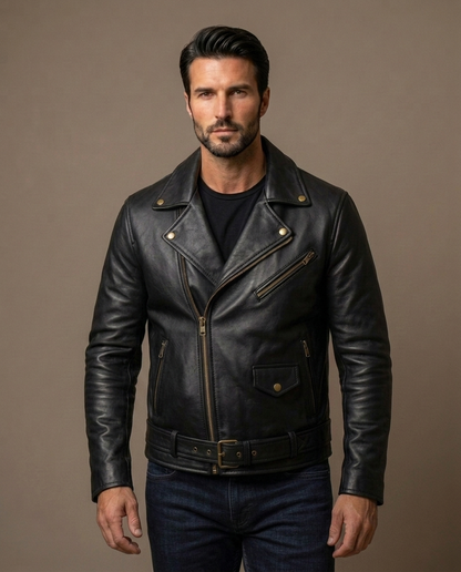 Men's Brown Leather Biker Jacket with Belt