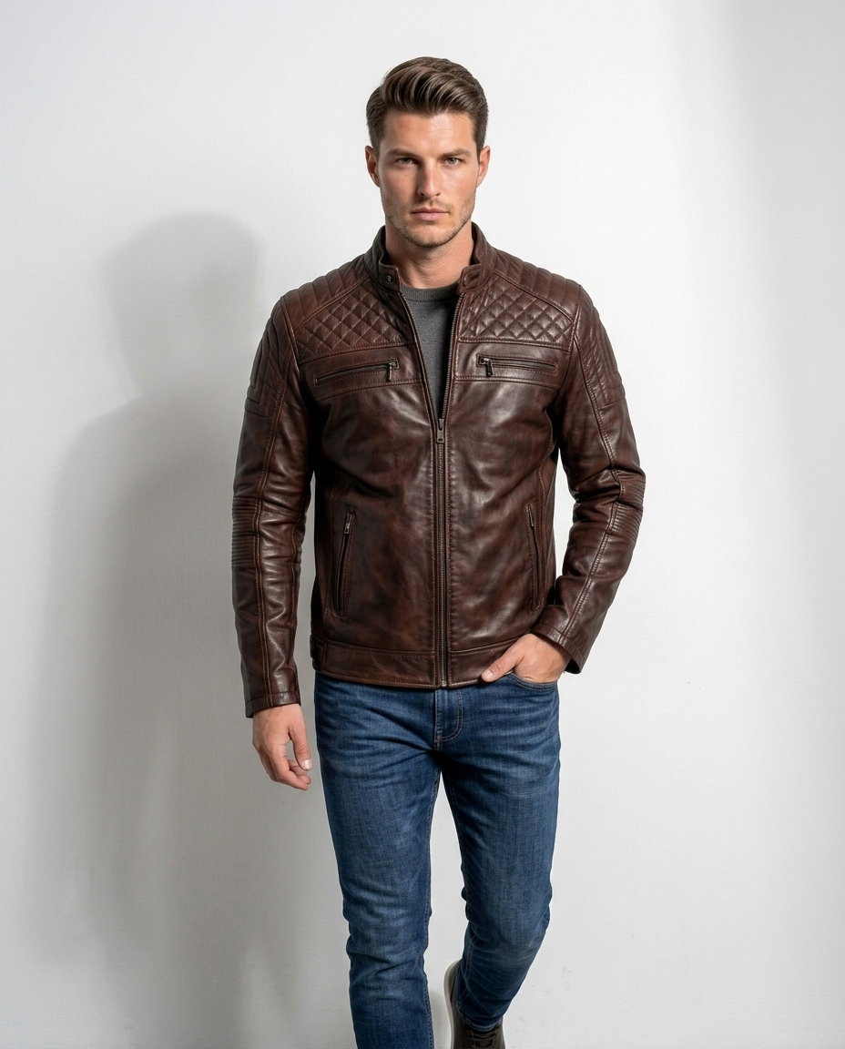 Men’s Olive Green Quilted Leather Biker Jacket