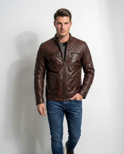Men’s Olive Green Quilted Leather Biker Jacket