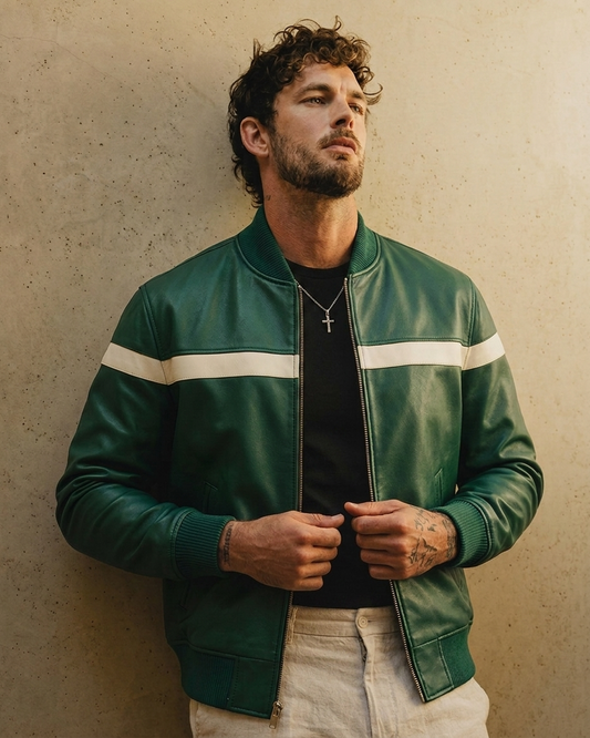Men's Green Leather Jacket with White Stripe