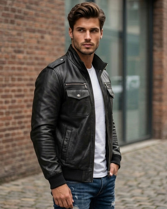 Men's Black Leather Bomber Jacket with Hood