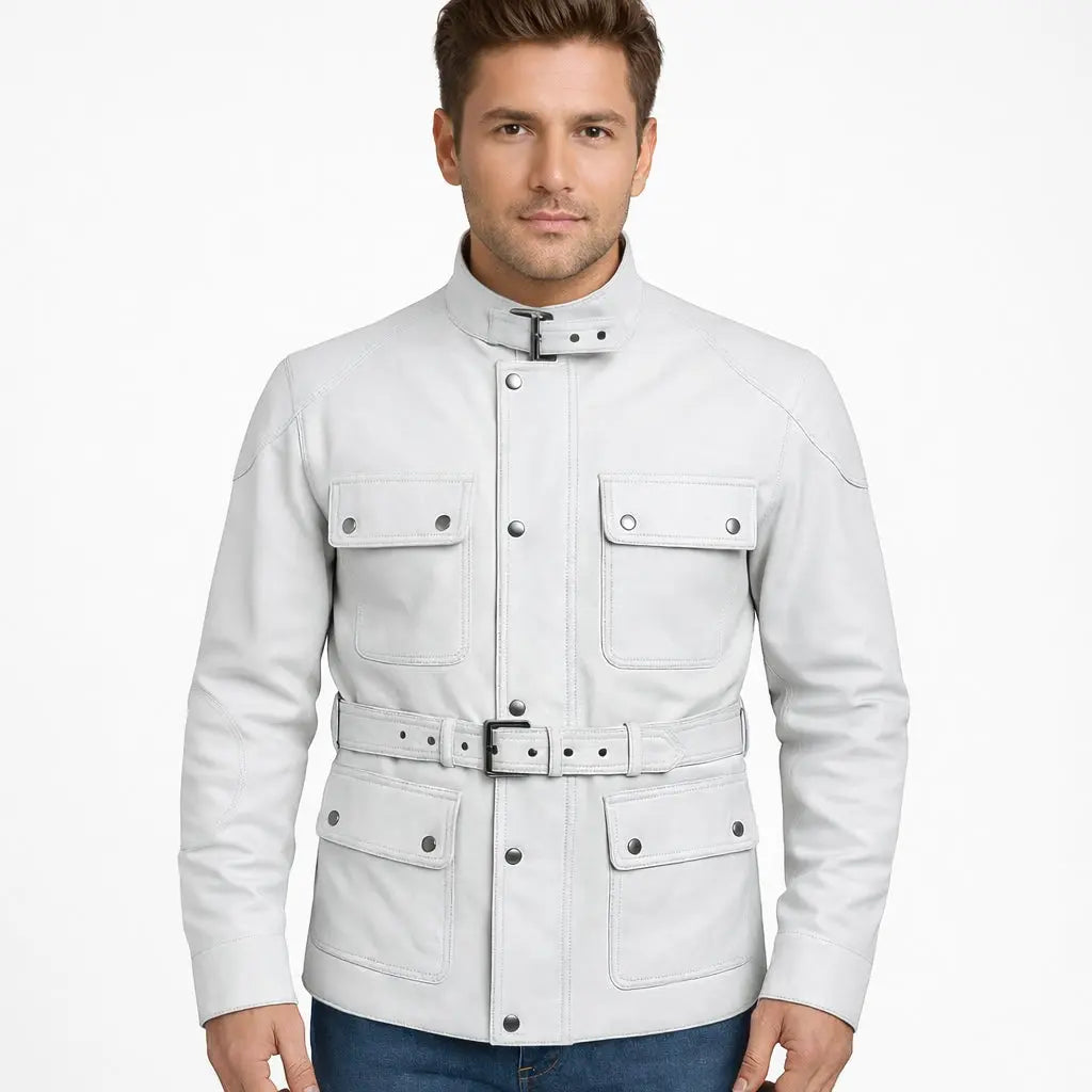 Men's White Leather Safari Belted Jacket – Military-Inspired Elegance Custom Leathers