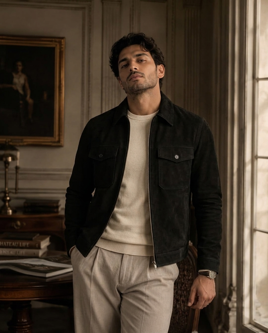 Men's Black Suede Shirt Collar Jacket