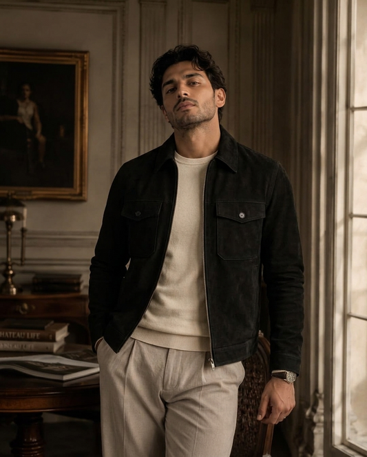 Men's Black Suede Shirt Collar Jacket