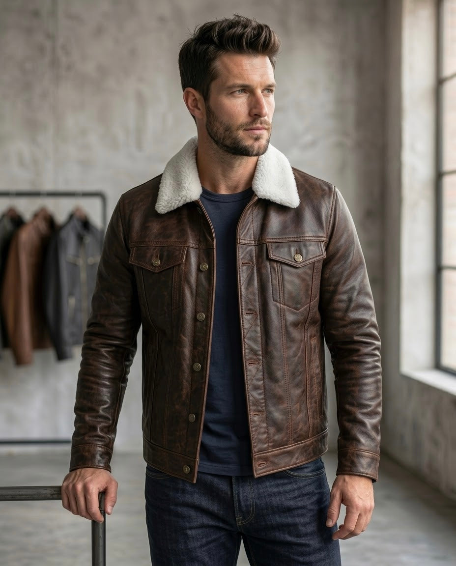 Men's Black Shearling Collar Leather Jacket
