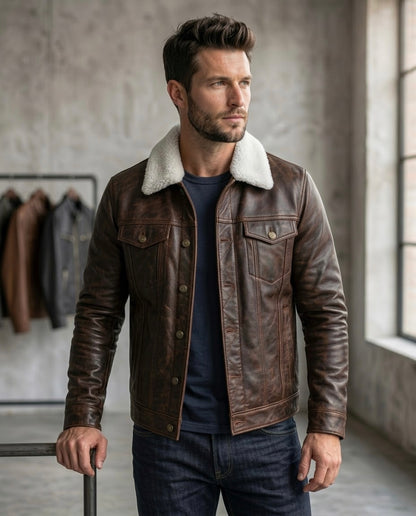 Men's Black Shearling Collar Leather Jacket