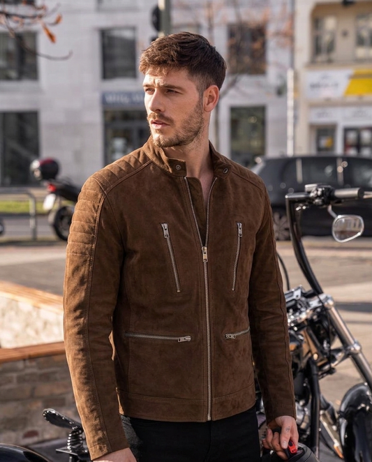 Men's Brown Suede Cafe Racer Jacket