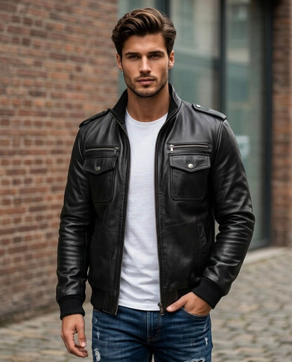 Men's Black Leather Bomber Jacket with Hood