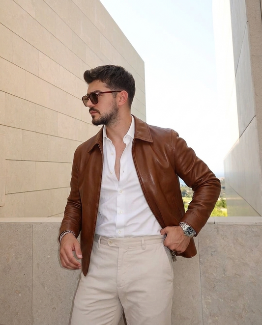 Classic Brown Leather Zip Jacket