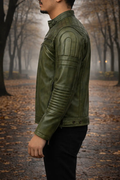 Men’s Olive Green Quilted Leather Biker Jacket Custom Leathers