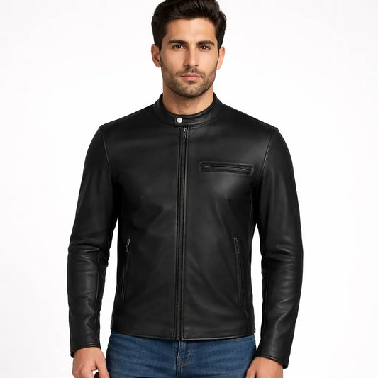 Men’s Classic Black Cafe Racer Leather Jacket – Minimalist Biker Style Custom Leathers
