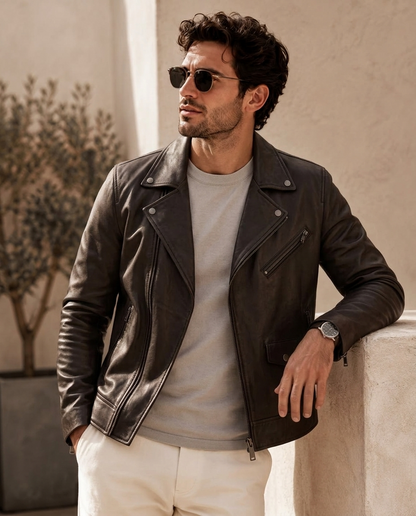 Men's Classic Black Biker Leather Jacket with Asymmetrical Zip