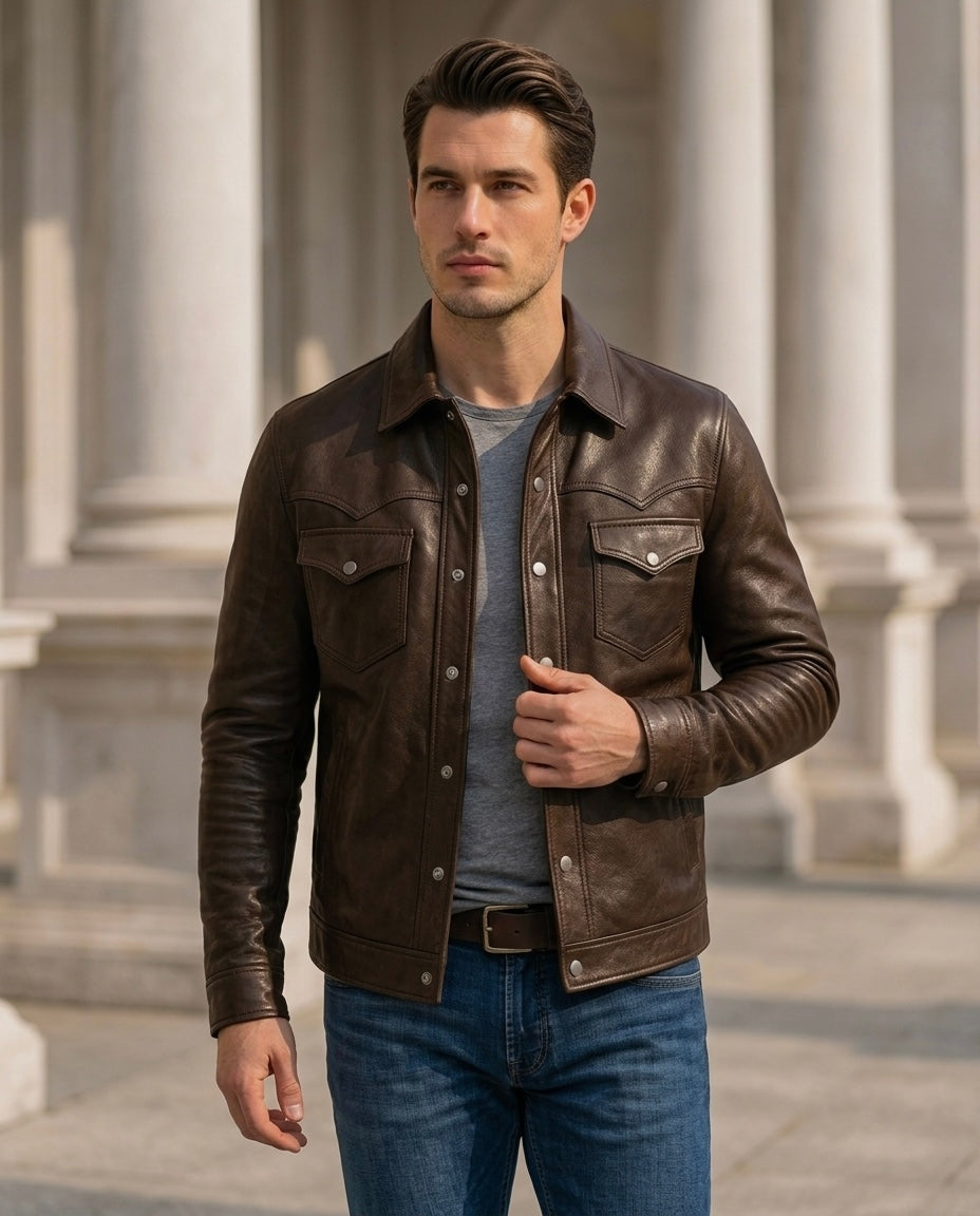Men's Dark Brown Western-Style Leather Jacket