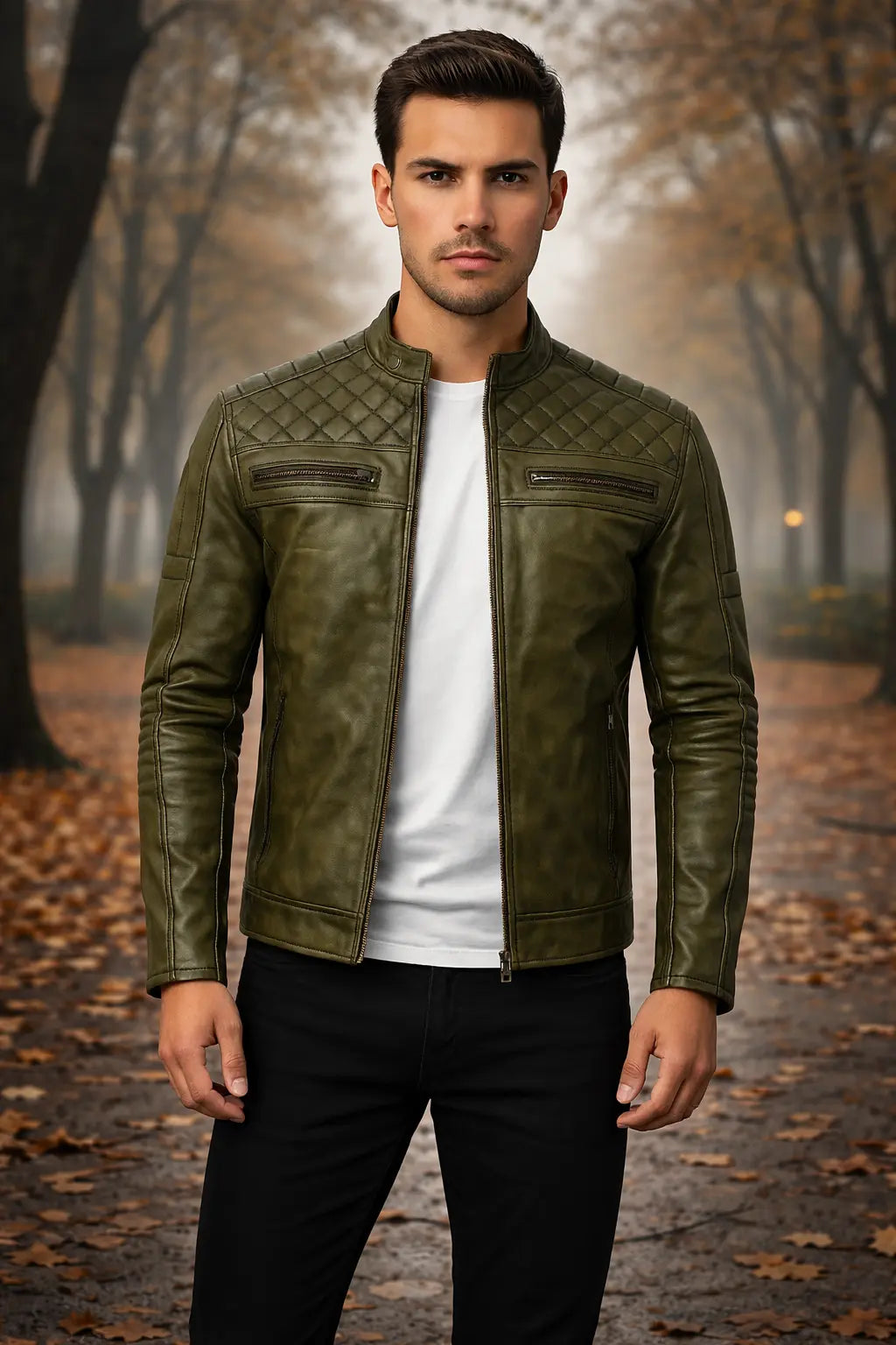 Men’s Olive Green Quilted Leather Biker Jacket Custom Leathers