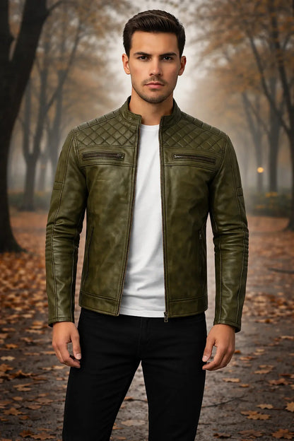 Men’s Olive Green Quilted Leather Biker Jacket Custom Leathers