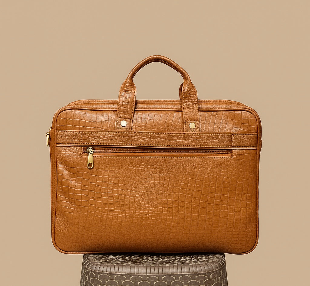 Camel Croc Leather Laptop Bag