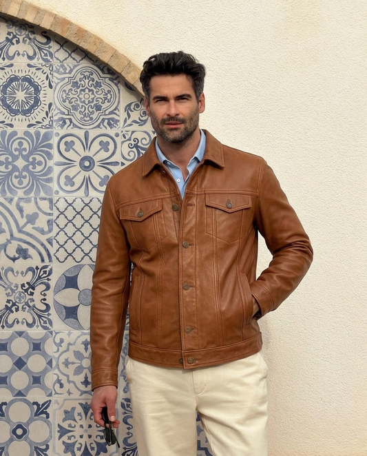 Men's Tan Leather Trucker Jacket