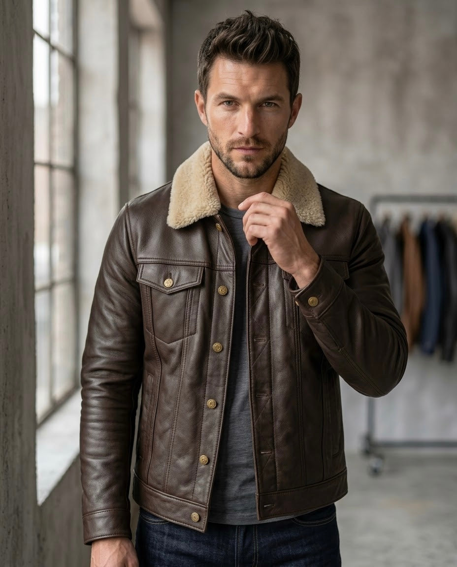 Men's Black Shearling Collar Leather Jacket
