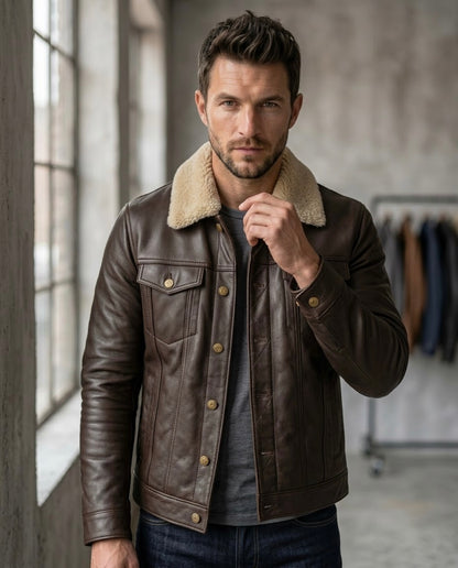 Men's Black Shearling Collar Leather Jacket