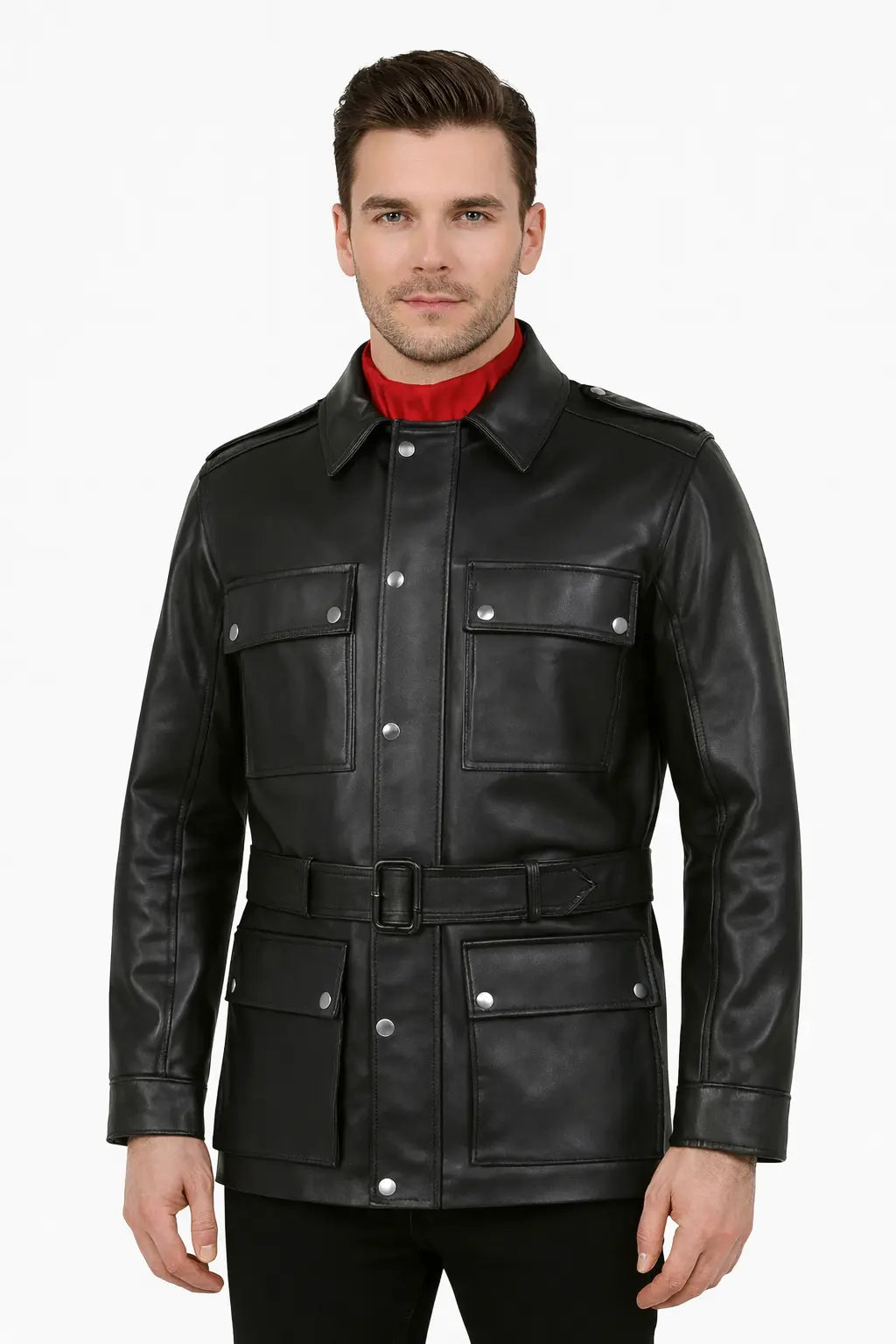 Men's Black Tactical Leather Belted Jacket Custom Leathers