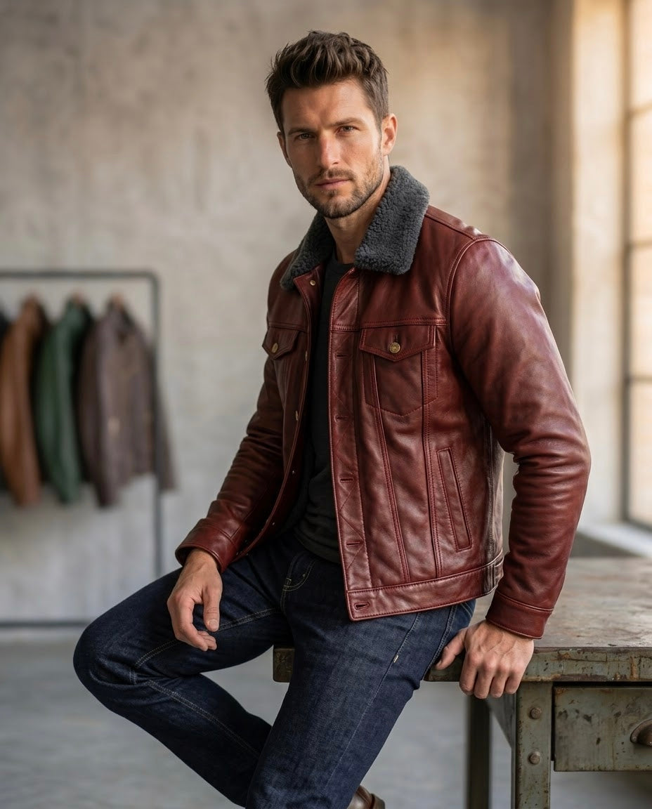 Men's Black Shearling Collar Leather Jacket