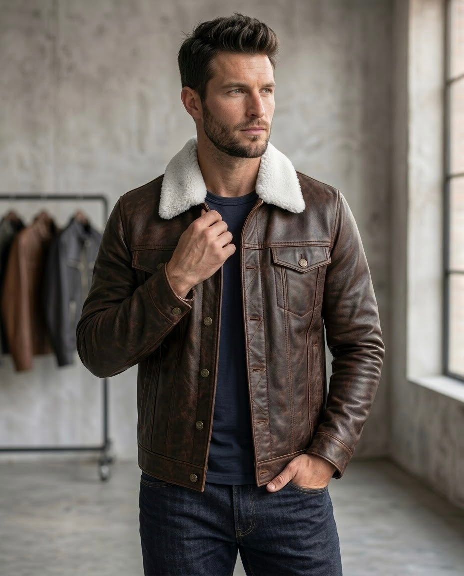 Men's Black Shearling Collar Leather Jacket