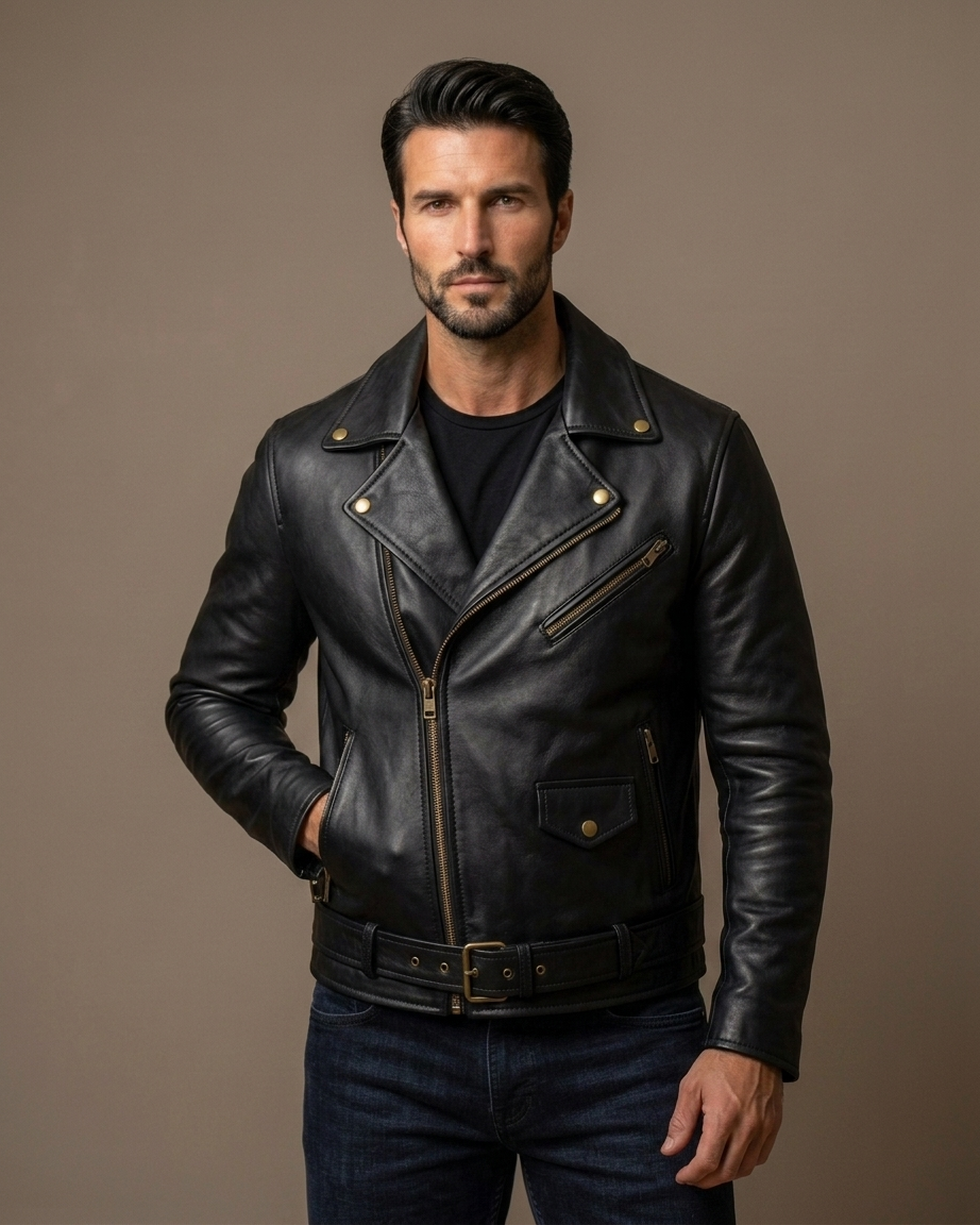 Men's Brown Leather Biker Jacket with Belt