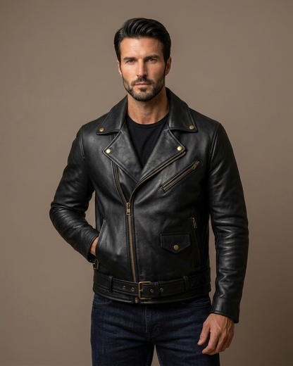 Men's Brown Leather Biker Jacket with Belt