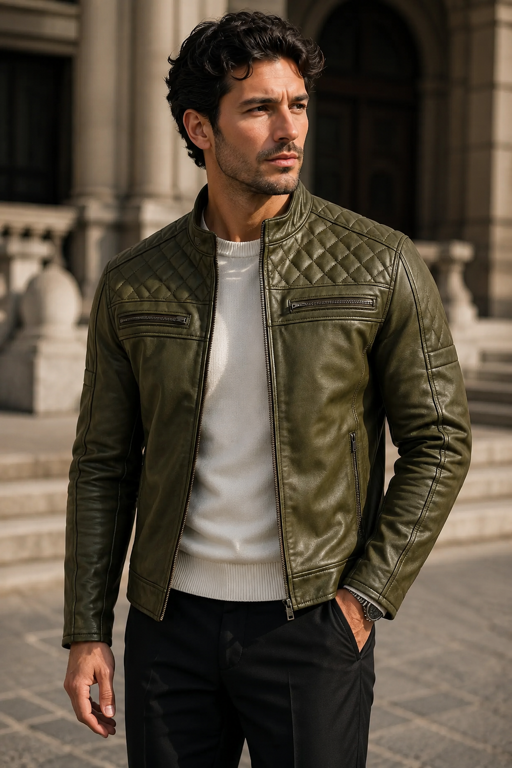 Men’s Olive Green Quilted Leather Biker Jacket
