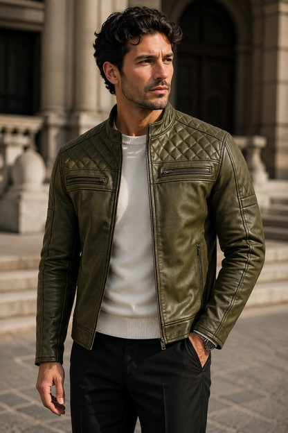 Men’s Olive Green Quilted Leather Biker Jacket