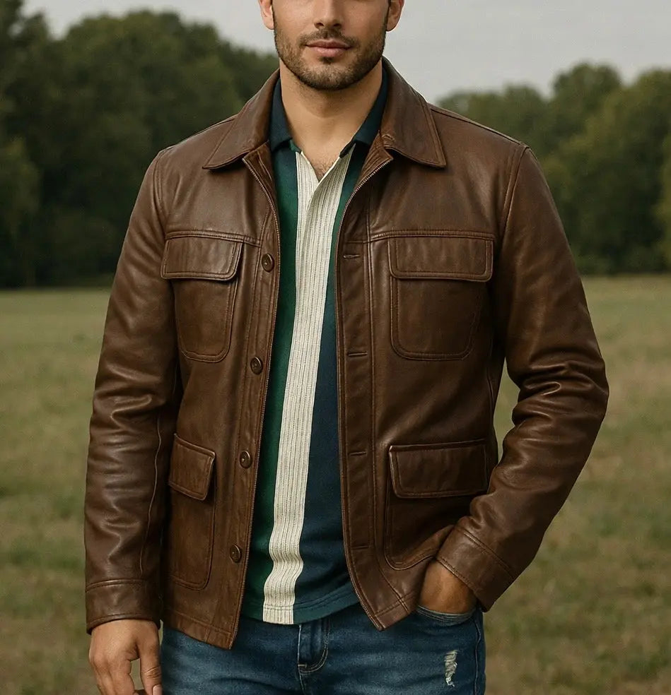 Men's Brown Four-Pocket Leather Field Jacket Custom Leathers