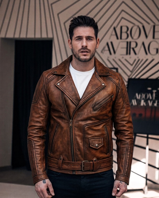 Men's Distressed Brown Leather Biker Jacket