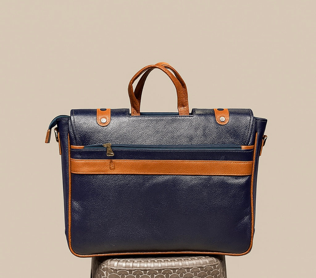 Navy Tan Leather Messenger Bag